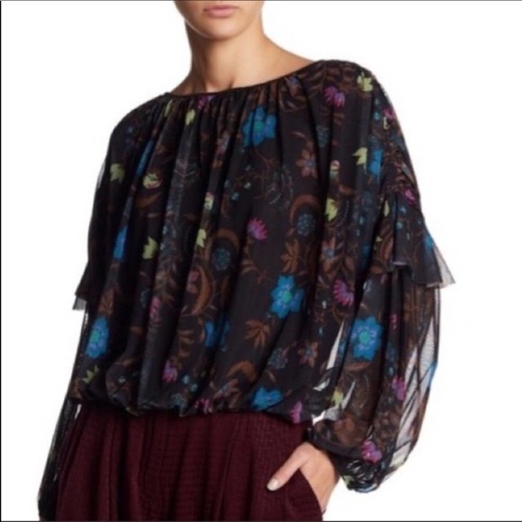 FREE PEOPLE Wildflower Honey Peasant Mesh Blouse Black Combo Size XS NEW - Picture 16 of 16